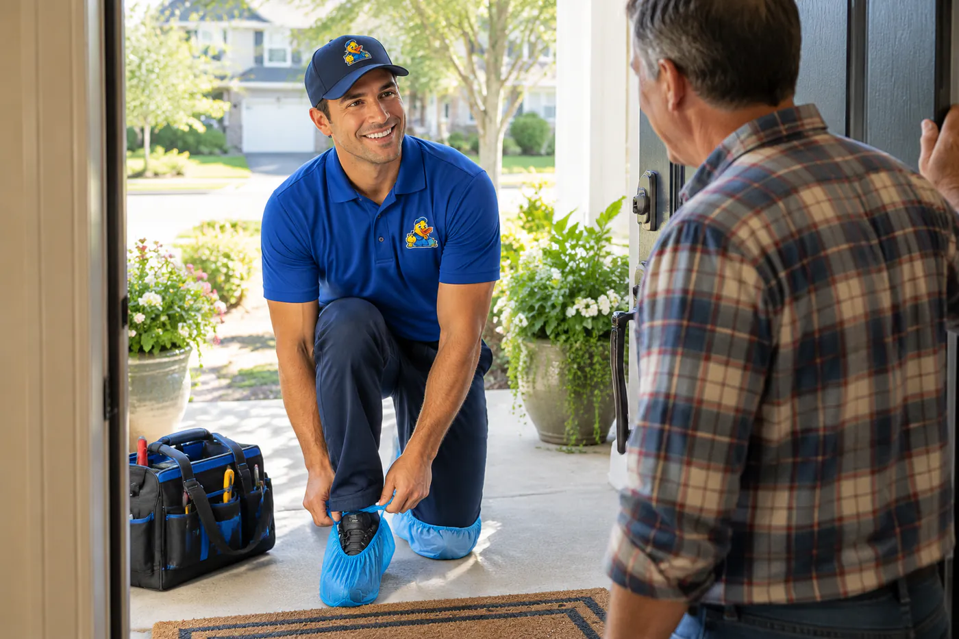 Technician putting on shoe covers at a customer's front door