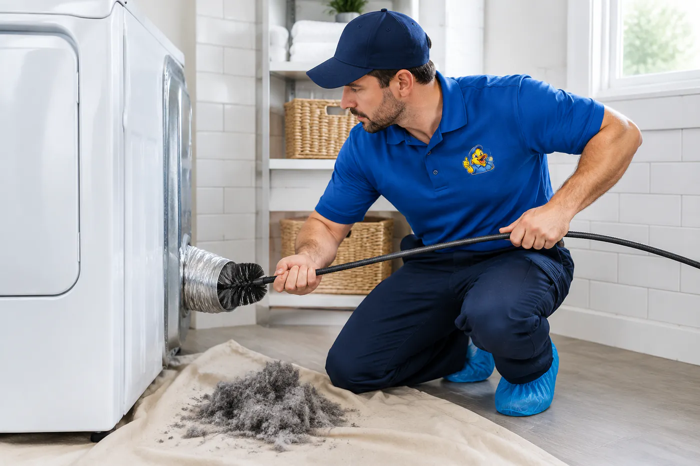 Technician pulling a rotary brush out of a dryer vent