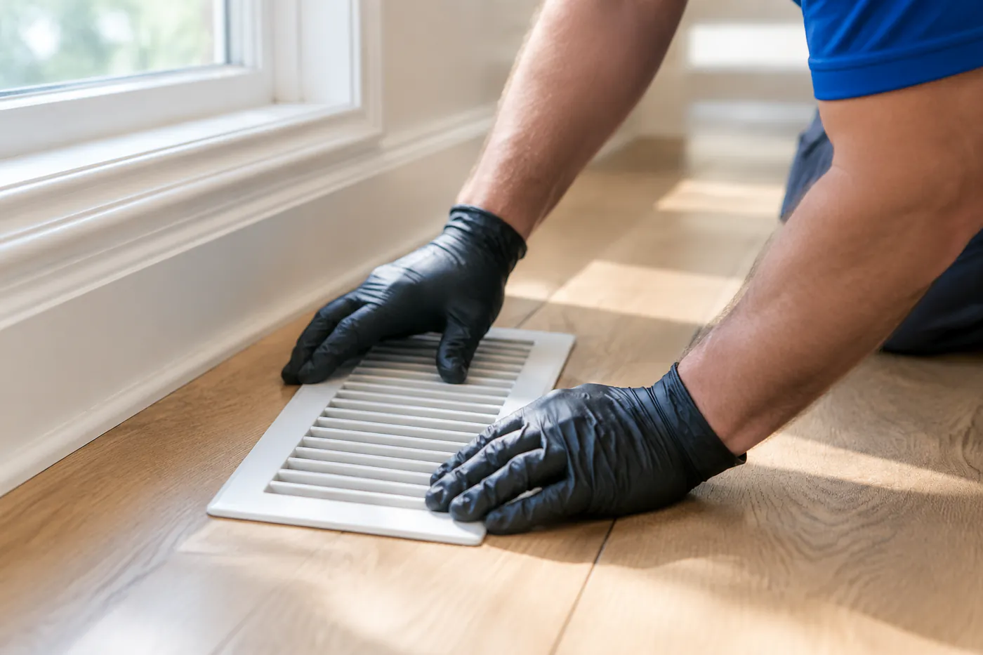 Gloved hands placing a spotless vent cover back into a hardwood floor