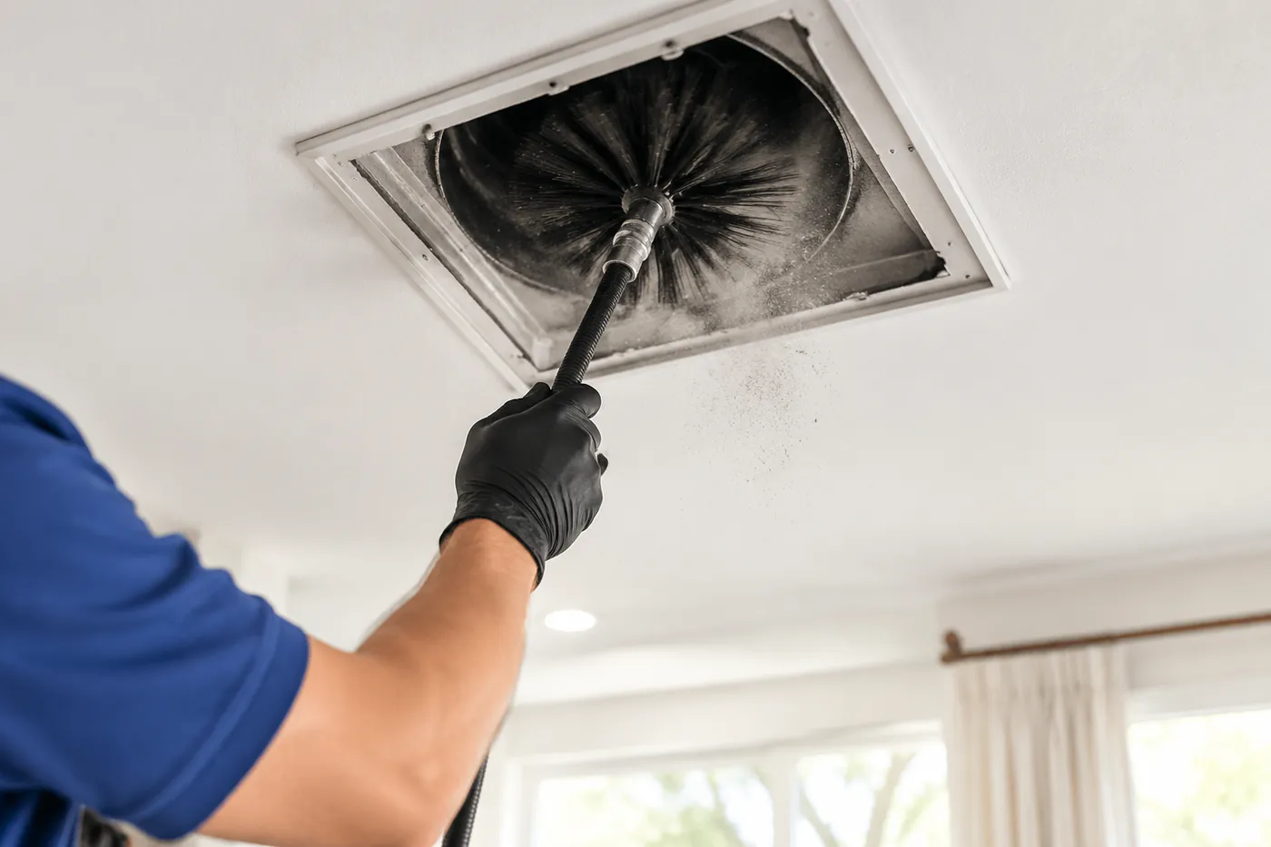 Rotary brush pulling dust out of a ceiling vent